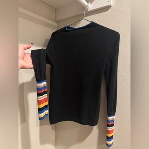 Women's Cashmere Black Sweater with Colorful Striped Sleeves XS